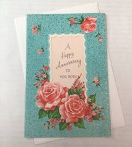 Vtg Unused MCM Happy Anniversary To You Both Card Roses Litho Glitter USA 937A - £15.37 GBP