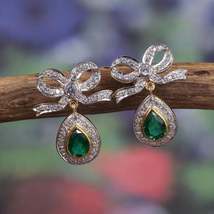 Antique/Vintage 18k Yellow Gold Over 3.50Ct Diamond Colombian Emerald Earrings - £73.34 GBP