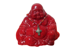 Happy Smiling Buddha Red Ceramic Glazed Figurine W/Cross Necklace Vtg 1990 - £19.78 GBP