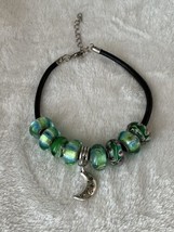 Silver Moon Blue Green  Glass Murano Style Beaded Bracelet With Leather Rope - £9.52 GBP