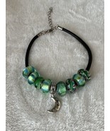 Silver Moon Blue Green  Glass Murano Style Beaded Bracelet With Leather ... - £9.56 GBP