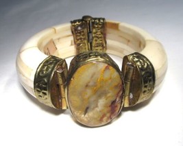 Vintage Made in India Huge Bone Bangle Bracelet w/ Brown Marble Stone Gold C3722 - £35.72 GBP