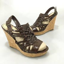 Enzo Angiolini 9 M Muffin Brown Patent Leather 5&quot; Wedge Sandals Slingback - £27.25 GBP