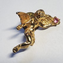 Vintage Winged Cherub Angel Gold Tone Lapel Pin Holding Blue Rhinestone - £3.90 GBP