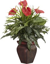 Nearly Natural 6678 Green Mixed Greens And Anthurium In Vase With Decora... - £65.28 GBP