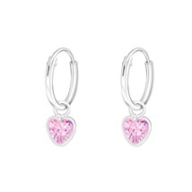 925 Silver Hoop Earrings with Hanging Heart CZ Pink - £13.18 GBP