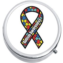 Autism Awareness Ribbon Puzzle Pieces Medicine Vitamin Compact Pill Box - £7.79 GBP