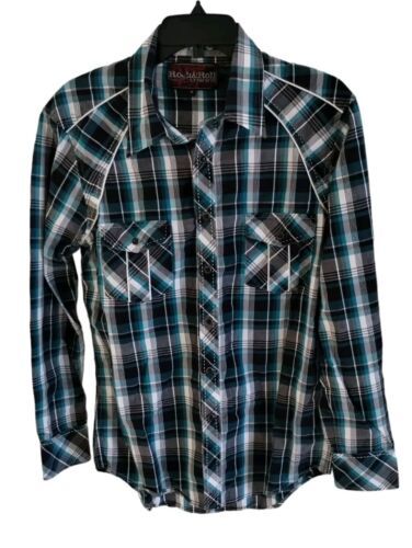 Rock &amp; Roll Cowboy Shirt Men Medium Green Long Sleeve Collared Button Plaid - $24.74