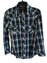 Rock &amp; Roll Cowboy Shirt Men Medium Green Long Sleeve Collared Button Plaid - £19.38 GBP