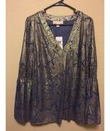 MICHAEL KORS S Blue/Gold Metallic V-neck Paisley Bell Sleeve Blouse/Top ... - $1,069.53 MXN
