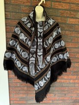 Wool Blend Poncho Cape One Size Ethnic Fish Jacket Tie Neck Fringe Botto... - $26.60