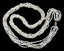 Freshwater Rice Pearl Torsade Necklace 14k Yellow Gold Bead Clasp 30&quot; long - £541.83 GBP