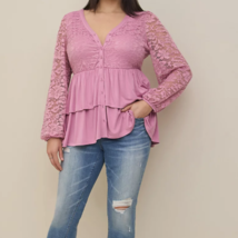 Torrid Plus Size 2X Pink Long Sleeve Lace Trimmed Button Front Tiered To... - $44.99