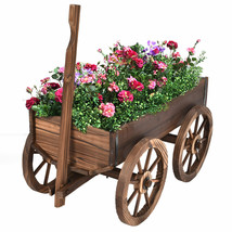 Costway Wood Wagon Flower Planter Pot Stand W/Wheels Home Garden Outdoor Decor - £121.49 GBP