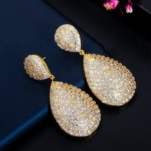 CWWZircons Classic Long Big Water Drop Indian Gold Color MiPave CZ Earrings Duba - £17.92 GBP