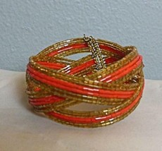 Vintage Beaded Cuff Bracelet Amber and Coral Color Beads - £10.98 GBP