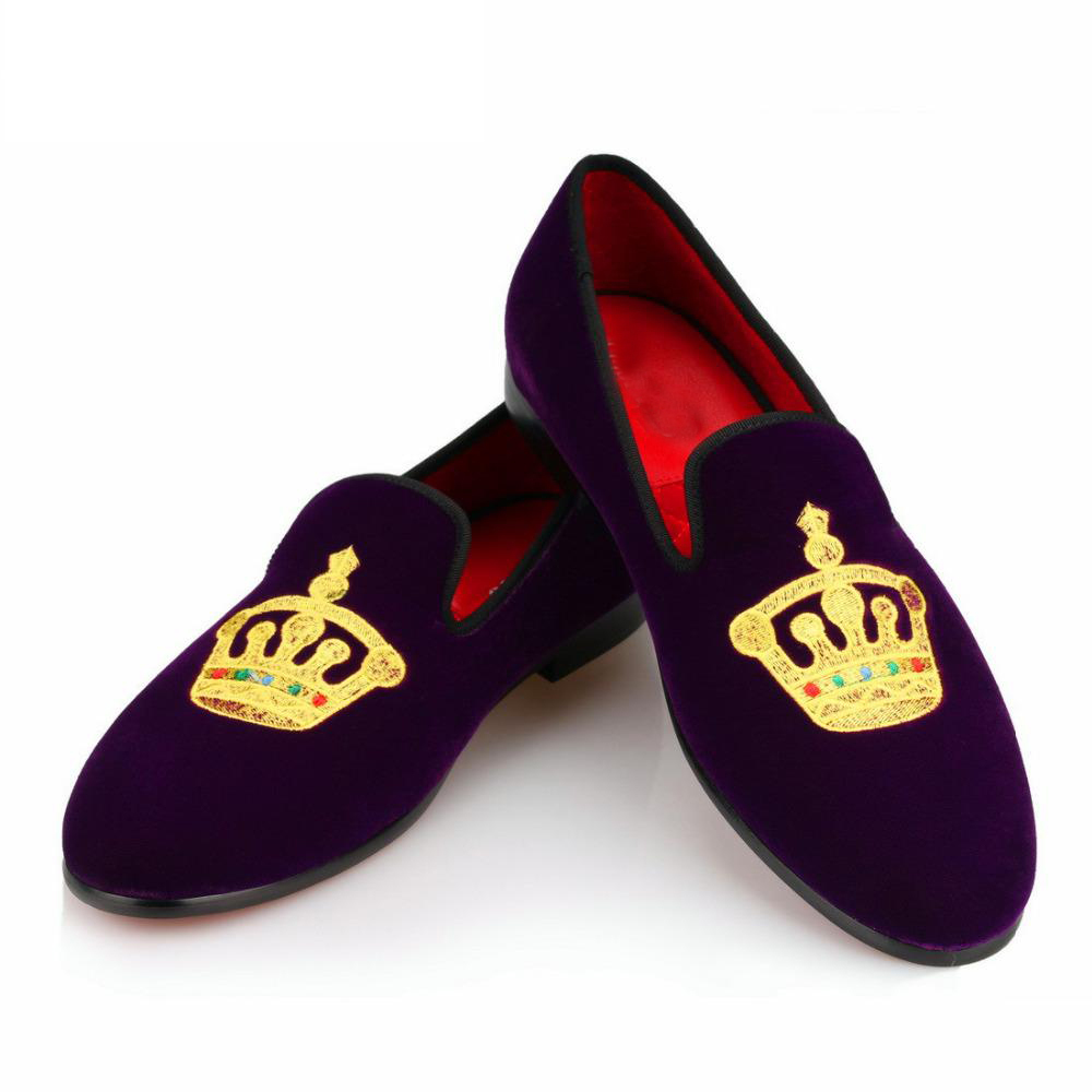 Purple Velvet Loafer Slipper Shoes Gold Embroidery Crown Patch Men Party Fashion