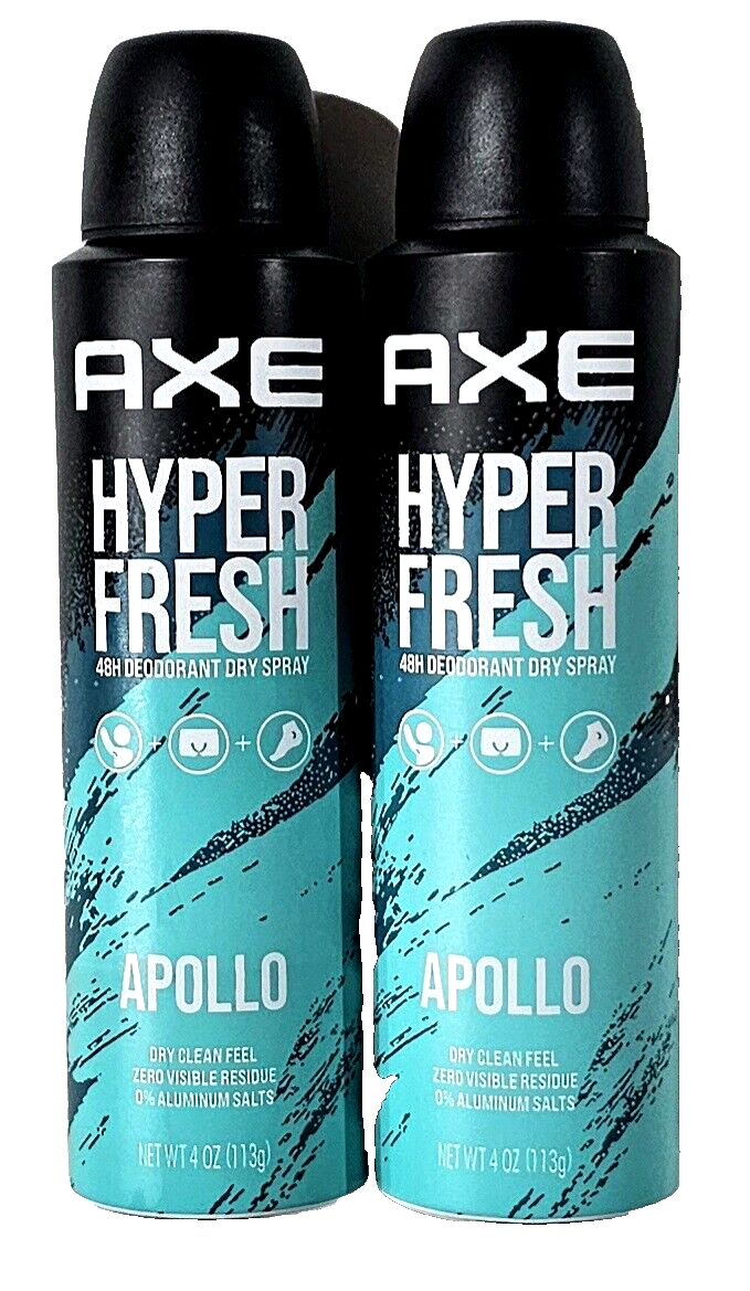 2 Pk Axe Hyper Fresh 48h Deodorant Dry Spray Apollo Clean Feel Zero Residue 4oz - £23.96 GBP