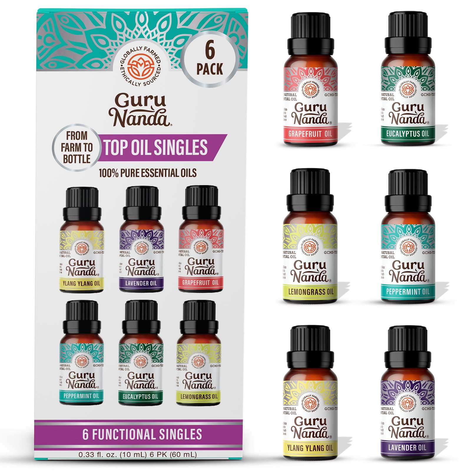 GuruNanda 100% Pure Essential Oils - Aromatherapy Singles - Set of 6