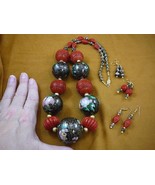 V-283 Black Cloisonne red Cinnabar bead gold 32&quot; Necklace + 3 pairs earr... - $431.99