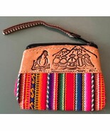 Authentic Peruvian Handmade Part Leather Coin Pouch  Tan, Colorful 4" x 3" VGUC - $8.45