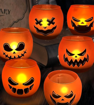 6 PC Orange Pumpkin Grimace Glass Votive Candle Holders Halloween Decor image 5