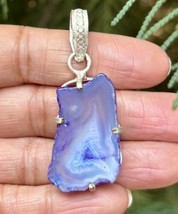 925 Sterling Silver Plated, Indigo Blue Druzy Geode Agate Stone Pendant 8 - $14.00