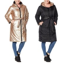 G By Giuliana Women&#39;s Long Puffer Jacket Reversible Metallic Copper Blac... - $26.92