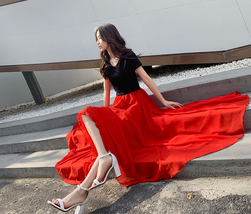 Red Full Long Chiffon Skirt Plus Size Summer Bridesmaid Chiffon Maxi Skirt image 5