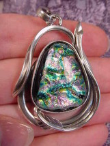(#D-339-A) DICHROIC Fused GLASS sterling SILVER Pendant PINK GREEN BLUE ... - $84.14