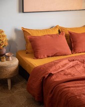 Washed Rust Orange Linen Duvet Cover Set With Buttons Twin King Full Queen Duvet - £23.90 GBP+