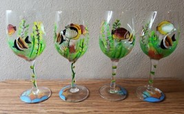 Marine Life Tropical Fish Wine Glasses Hand Painted Set of 4 Aquatic - £23.58 GBP