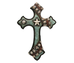 Rustic Western Boho Cross Decor Triple Silver Star Turquoise Faux Leather 13&quot; - £23.03 GBP