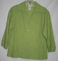 Coldwater Creek Misses SMALL Blouse Top Embroidery Chartreuse Green 3/4 Sleeve - £8.45 GBP