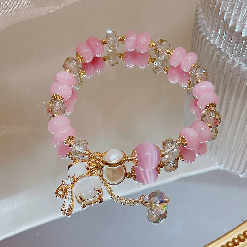 Lucky Gourd Cat&#39;s Eye Stone Pink Crystal Beaded Bracelets for Women Girls Fashio - £18.79 GBP