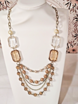 Signed NY &amp; Co Layered Statement Necklace – Gold-Tone, Pearls &amp; Topaz Beads– 14&quot; - £7.65 GBP