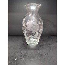 Etched Clear Glass Vase, Vintage Floral Design, 12&quot; Glass Vase, Leaves &amp;... - $14.85