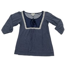 Ann Taylor Loft Womens Navy Printed Top Size S Boho Tie Neck 3/4 Sleeve - $137.41 MXN