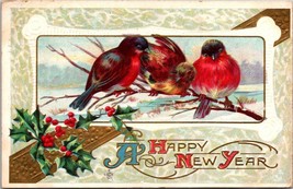 A Happy New Year Holly Birds Gold Embossed Posted 1912 Antique Postcard - £5.86 GBP