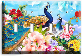 Floral Peacock Birds Colorful Feathers 4 Gang Light Switch Wall Plate Room Decor - £14.90 GBP
