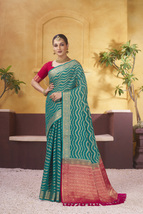 Designer Teal Blue Zari Weaving Border Work Work Sari Georgette Party Wear Saree - £67.90 GBP