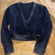 Vintage Fubu Denim Crop Leather Trim Open Jacket Size Medium - £28.66 GBP