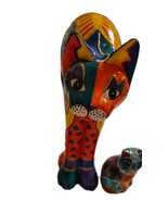 Beautiful Mexican Folk Art Cat Clay Pottery Hand Painted Colorful 9½” Tall - $649.47 MXN