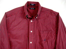 Nautica Mens Shirt Red and Blue Plaid Size Medium Long Sleeved Button Collar - £7.34 GBP