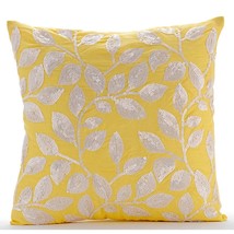 Sequins White Leaves 16&quot;x16&quot; Art Silk Yellow Cushion Covers, Nature Is Classy - £32.22 GBP+