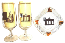 2 x 1960s Berlin City Sights Brandenburg Gate German Beer Glasses &amp; Ashtray - $24.95
