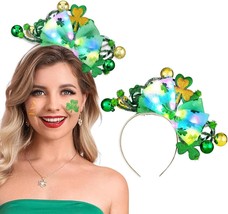 Light Up St. Patrick&#39;s Day Headband LED Bow Shamrock Hair Band Green Iri... - $24.37