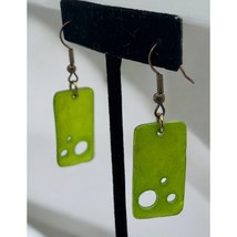 Vintage Green Rectangle Dangle Earrings with Circle Cutouts Geometric Retro 80s - $14.89