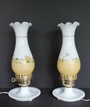 Vtg pair of converted chimney lamps frosted with yellow accents &amp; floral details - £47.17 GBP