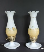 Vtg pair of converted chimney lamps frosted with yellow accents &amp; floral... - $1,124.56 MXN
